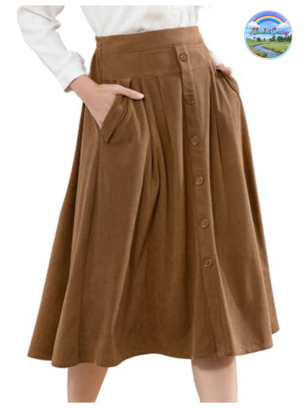 Corduroy A-Line Midi Skirt High Waist Button Pleated with Pockets